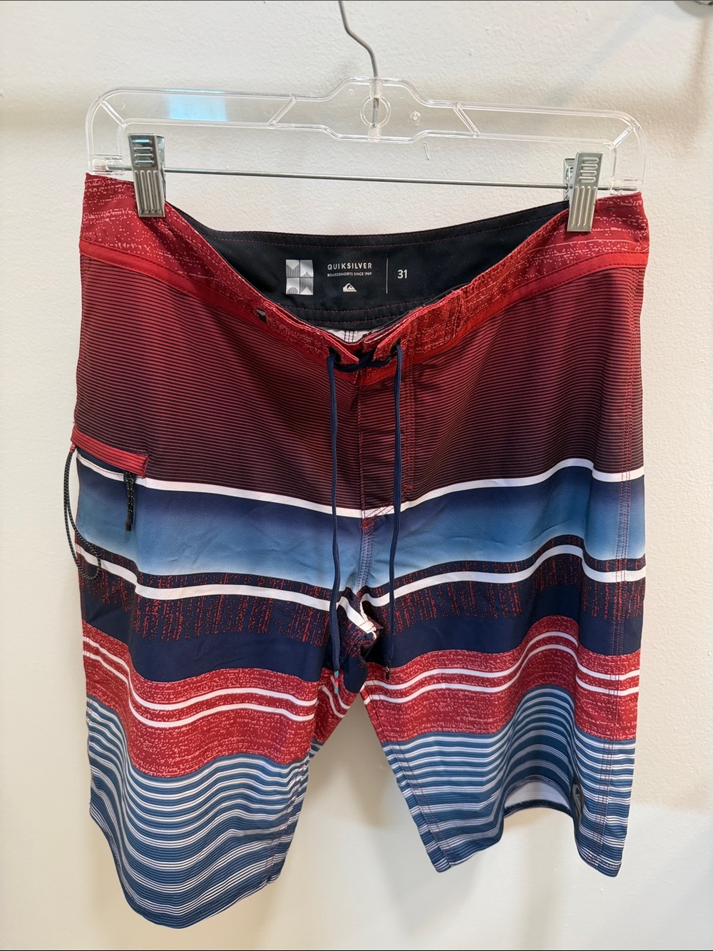 Quiksilver Red, Navy & Blue Striped Board Shorts